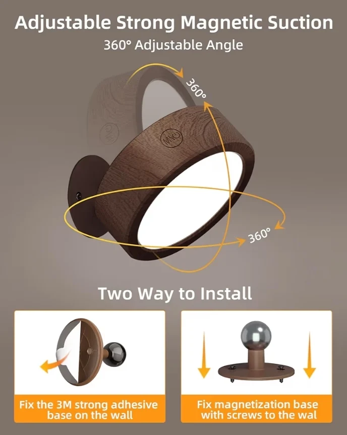 LED Wall Mounted Lights, 5500mAh Rechargeable 3 Color Temps & Remote and Touch Control, 360°Rotation Dimmable Cordless (3PK Walnut)