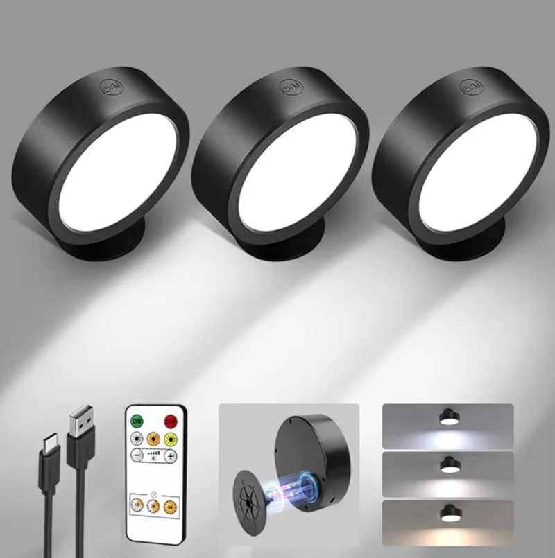 LED Wall Mounted Lights Wall Light Rechargeable, Remote and Touch Control, 360°Rotation, Dimmable, Cordless, 5500mAh - (3 PK)