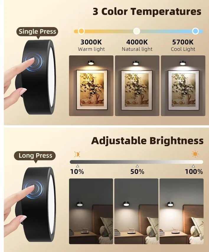 LED Wall Mounted Lights Wall Light Rechargeable, Remote and Touch Control, 360°Rotation, Dimmable, Cordless, 5500mAh - (3 PK)