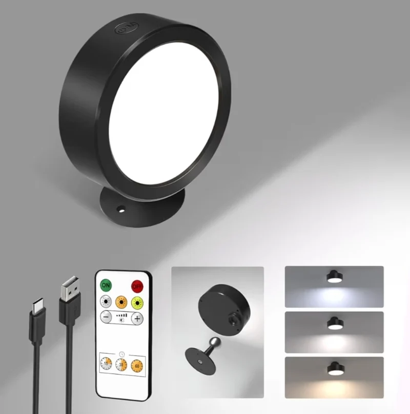 LED Wall Mounted Lights, 5500mAh Rechargeable Wall Light Remote and Touch Control, 360°Rotation Dimmable Cordless (Black)