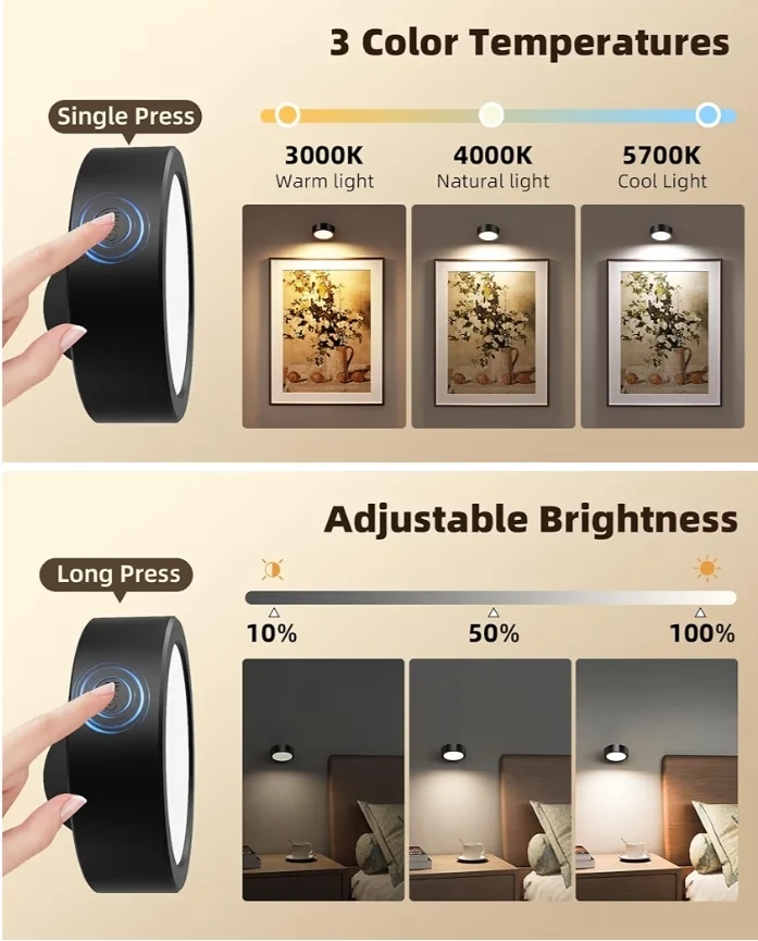 LED Wall Mounted Lights, 5500mAh Rechargeable Wall Light Remote and Touch Control, 360°Rotation Dimmable Cordless (Black)