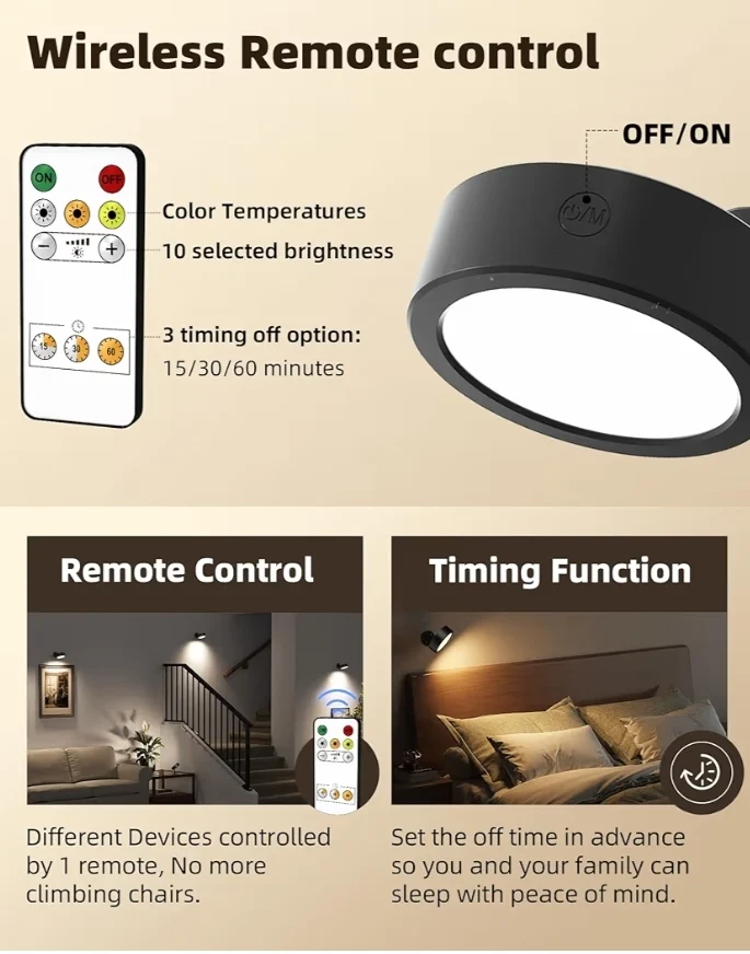 LED Wall Mounted Lights, 5500mAh Rechargeable Wall Light Remote and Touch Control, 360°Rotation Dimmable Cordless (Black)