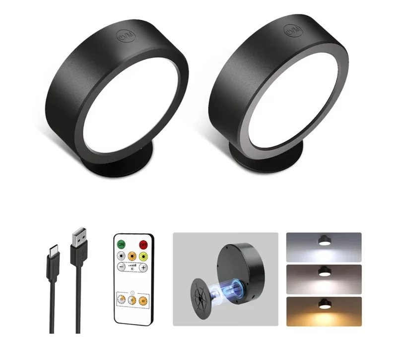 LED Wall Mounted Lights Wall Rechargeable Remote and Touch Control, 360°Rotation, Dimmable, Cordless, 5500mAh (2 PK)