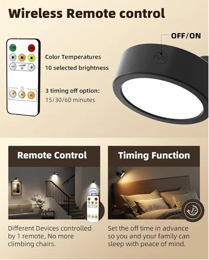LED Wall Mounted Lights Wall Rechargeable Remote and Touch Control, 360°Rotation, Dimmable, Cordless, 5500mAh (2 PK)