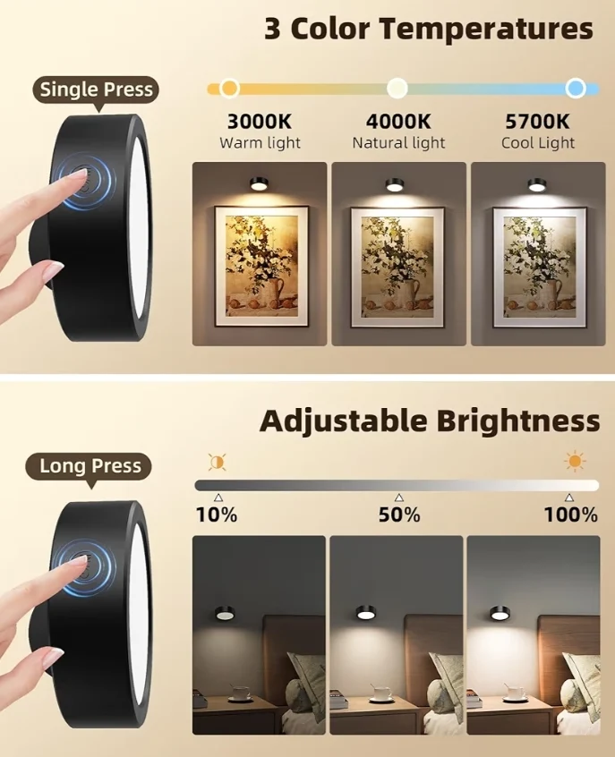 LED Wall Mounted Lights Wall Rechargeable Remote and Touch Control, 360°Rotation, Dimmable, Cordless, 5500mAh (2 PK)