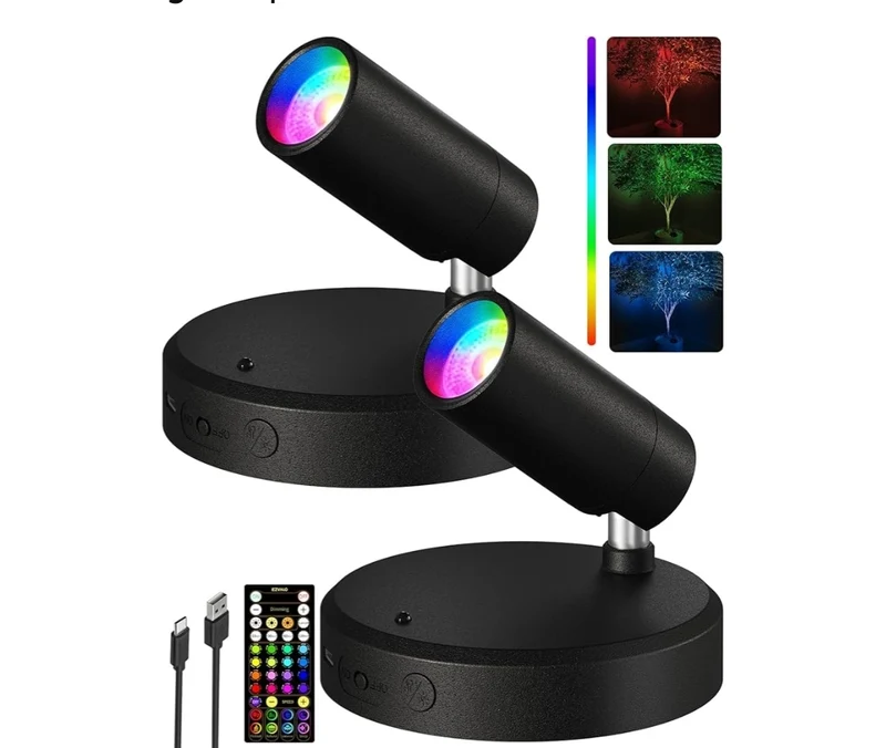 RGB Spotlights Indoor w/ Remote, 5500mAh Rechargeable Picture Lights, DIY Mode & 83 Color Changing Uplighting (2PK - Black)