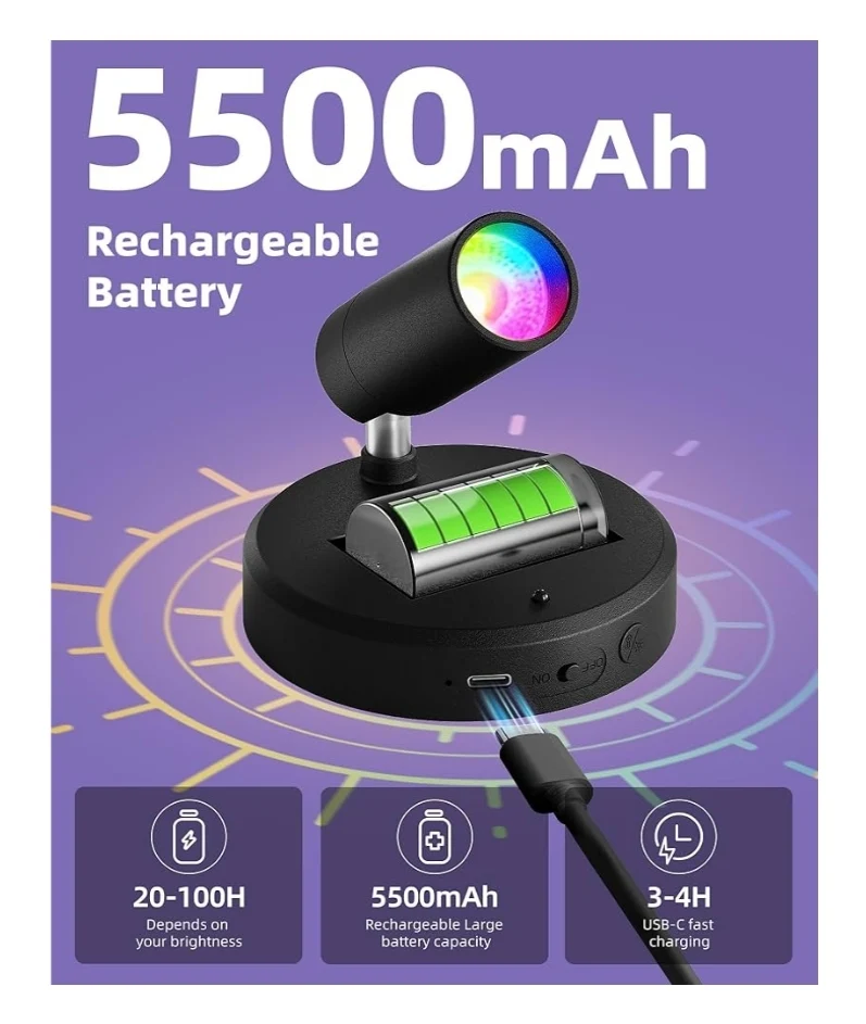 RGB Spotlights Indoor w/ Remote, 5500mAh Rechargeable Picture Lights, DIY Mode & 83 Color Changing Uplighting (2PK - Black)