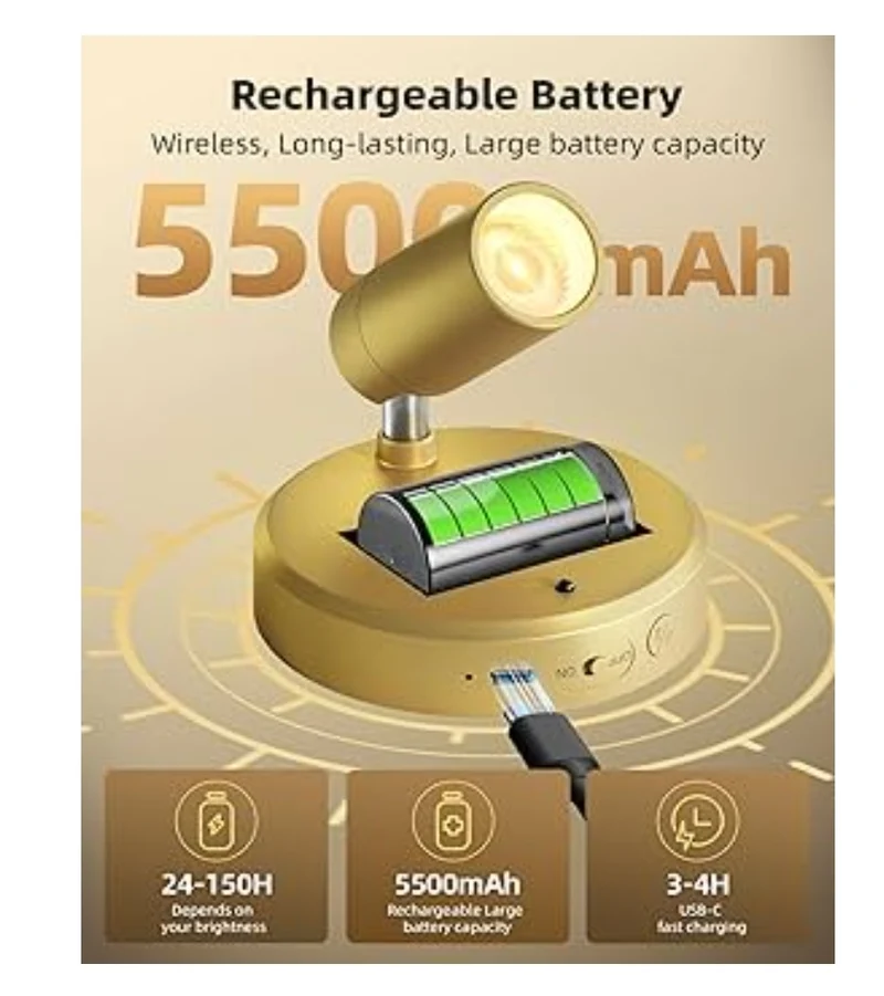 LED Spotlight Indoor, 5500mAh Rechargeable Battery Uplighting, Wireless Mini Art Accent Spot Lights w/ Remote (2Pk - Gold)