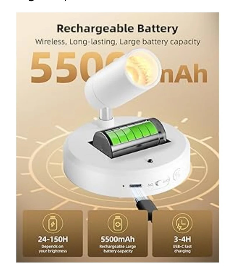 Spot Lights Indoor,5500mAh Rechargeable Lights w/ Remote,Wireless Mini Art Accent Spot Lights w/ Timer＆Dimmable (2Pk - White)