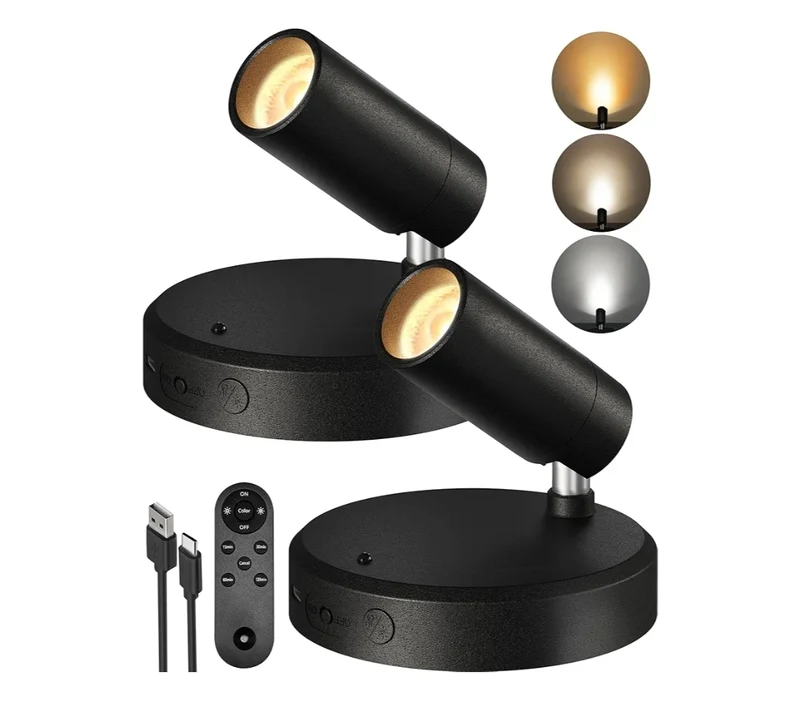 Spotlights Indoor w/ Remote, 5500mAh Rechargeable Lights, Wireless LED Uplighting w/ Timer＆Dimmable (2Pk - Black)