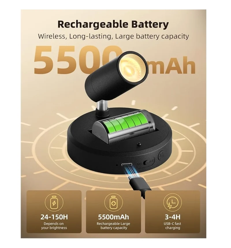 Spotlights Indoor w/ Remote, 5500mAh Rechargeable Lights, Wireless LED Uplighting w/ Timer＆Dimmable (2Pk - Black)