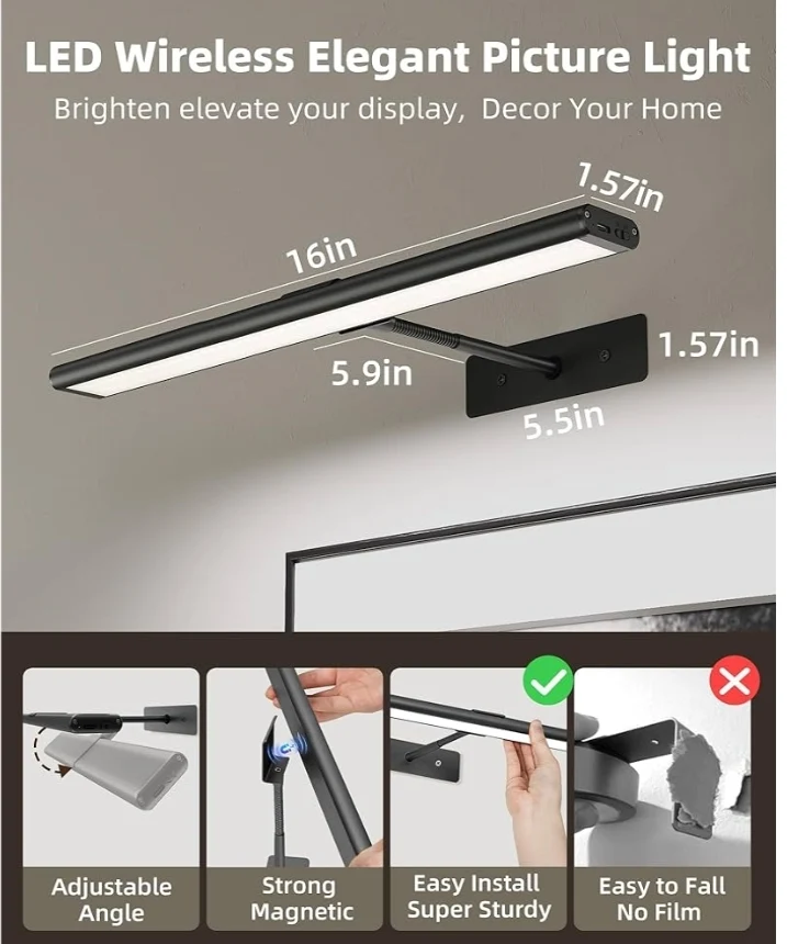 Picture Light for Wall, 4800mAh Rechargeable Wireless Remote Battery Lights, 16In Dimmable Magnetic LED Light, Colors Temperatures
