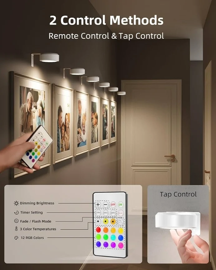 Picture Lights for Wall, 2000mAh Rechargeable Battery Magnetic Poster Lights w/ 3 Color Temps & 12 RGB, Remote Dimmable (3 PK)