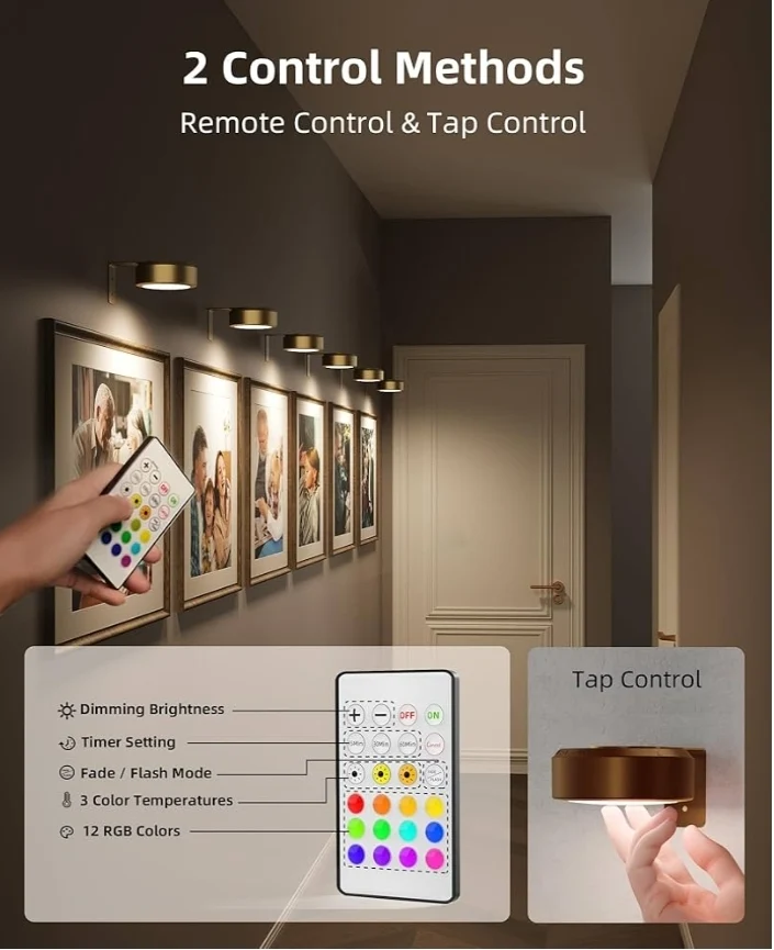 Picture Lights for Wall, 2000mAh Rechargeable Battery Magnetic Poster Lights with 3 Color Temps & 12 RGB, Remote Dimmable Timer (3 PK)