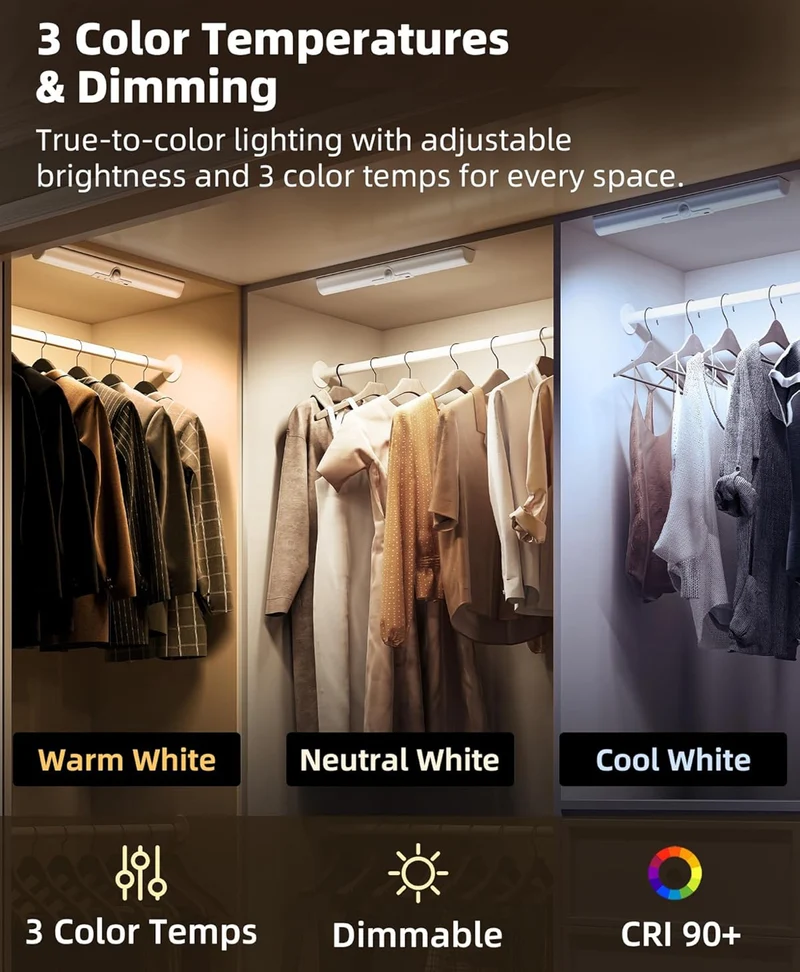 Motion Sensor Lighting 3 Color Temps Rechargeable, 1800mAh, Dimmable, 3 Color Temps, 90+CRI, Rotatable Sensor, Magnetic