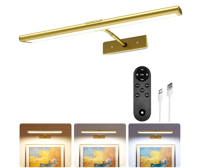 Picture Light for Wall, 4800mAh Rechargeable Wireless Remote Lights, 16'' Dimmable Magnetic LED Light w/ 3 Color Temps (Gold)