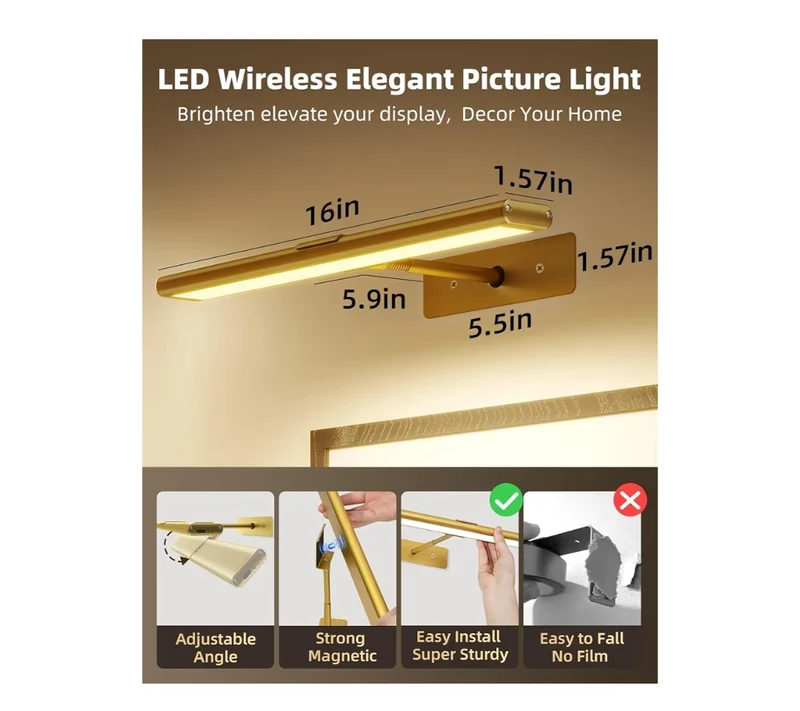 Picture Light for Wall, 4800mAh Rechargeable Wireless Remote Lights, 16'' Dimmable Magnetic LED Light w/ 3 Color Temps (Gold)