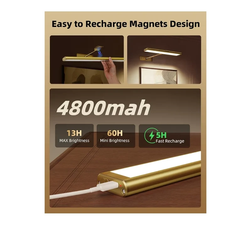 Picture Light for Wall, 4800mAh Rechargeable Wireless Remote Lights, 16'' Dimmable Magnetic LED Light w/ 3 Color Temps (Gold)