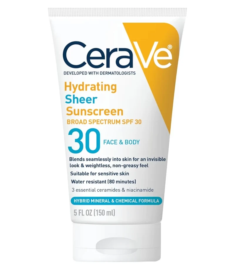 CeraVe Hydrating Sheer Sunscreen SPF 30 Mineral w/ Zinc Oxide, Hyaluronic Acid and Ceramides, Paraben-Free + Fragrance-Free (5 Oz)