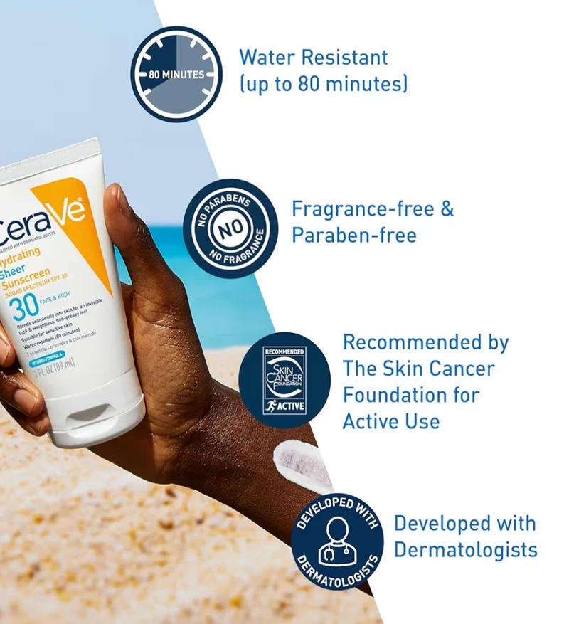CeraVe Hydrating Sheer Sunscreen SPF 30 Mineral w/ Zinc Oxide, Hyaluronic Acid and Ceramides, Paraben-Free + Fragrance-Free (5 Oz)