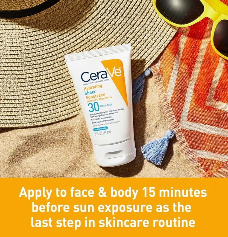 CeraVe Hydrating Sheer Sunscreen SPF 30 Mineral w/ Zinc Oxide, Hyaluronic Acid and Ceramides, Paraben-Free + Fragrance-Free (5 Oz)