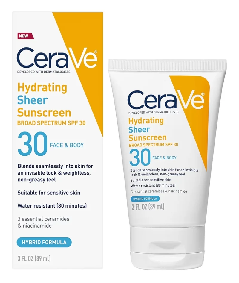 CeraVe Hydrating Sheer Sunscreen SPF 30 w/ Zinc Oxide, Hyaluronic Acid and Ceramides, Paraben-Free + Fragrance-Free (3 oz)