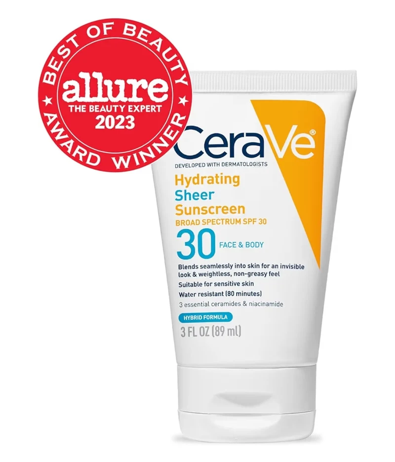 CeraVe Hydrating Sheer Sunscreen SPF 30 w/ Zinc Oxide, Hyaluronic Acid and Ceramides, Paraben-Free + Fragrance-Free (3 oz)