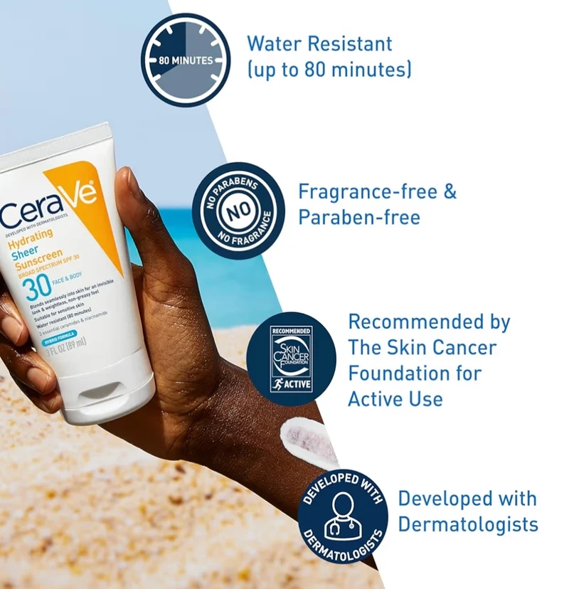 CeraVe Hydrating Sheer Sunscreen SPF 30 w/ Zinc Oxide, Hyaluronic Acid and Ceramides, Paraben-Free + Fragrance-Free (3 oz)