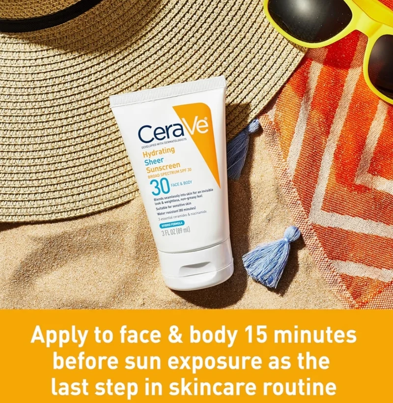 CeraVe Hydrating Sheer Sunscreen SPF 30 w/ Zinc Oxide, Hyaluronic Acid and Ceramides, Paraben-Free + Fragrance-Free (3 oz)