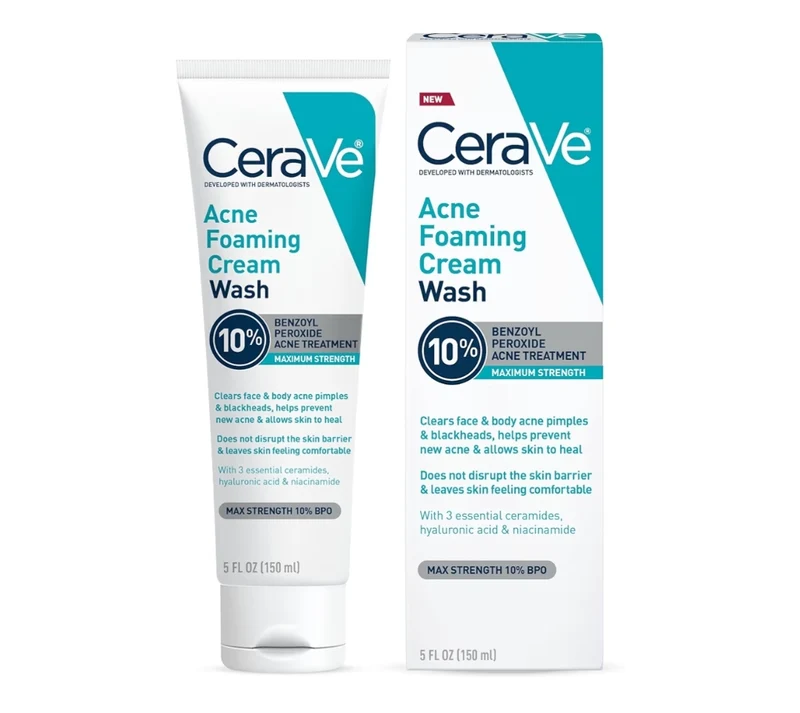 CeraVe Acne Foaming Cream Wash w/ Benzoyl Peroxide 10%, Hyaluronic Acid, and Niacinamide, 10% Benzoyl Peroxide (5 Oz)