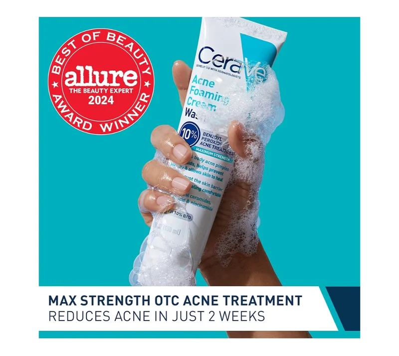 CeraVe Acne Foaming Cream Wash w/ Benzoyl Peroxide 10%, Hyaluronic Acid, and Niacinamide, 10% Benzoyl Peroxide (5 Oz)