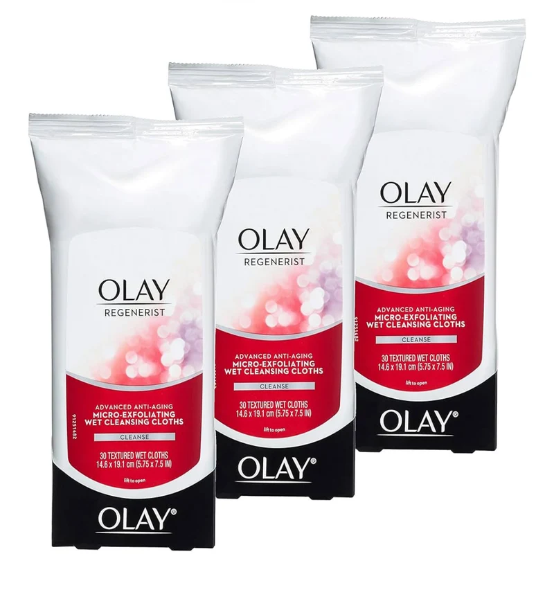 Olay Makeup Remover Wipes, Regenerist Micro-Exfoliating Wet Cleansing Cloths Exfoliates, Refreshes, Smooths Texture -30 ct (3 Pack)