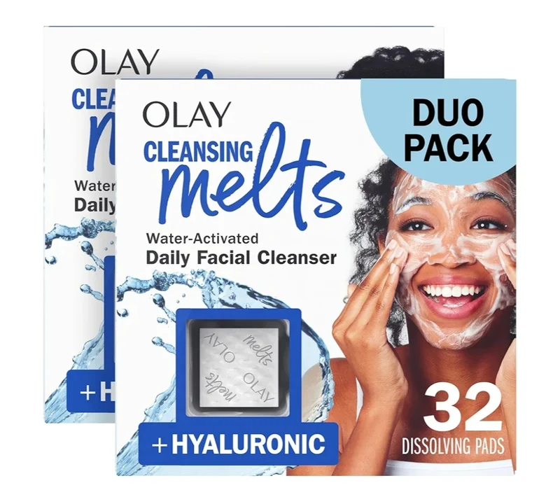 Olay Face Wash, Hyaluronic Acid Cleansing Melts, Fragrance-Free For All Skin Types Water-Activated to Clean, Tone, and Refresh, 64ct (2 Pack)