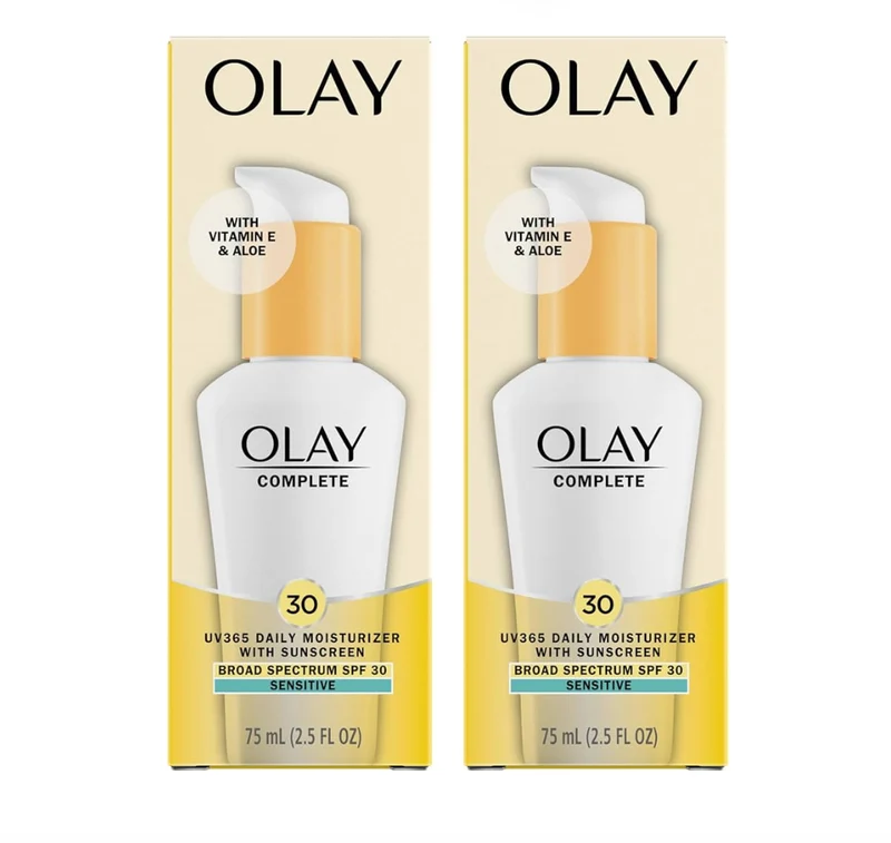 Olay Face Moisturizer, Complete with Sunscreen SPF 30 Sensitive Skin Non-Comedogenic - Vitamin E & Aloe - (2.5 Oz - 2 Pack)