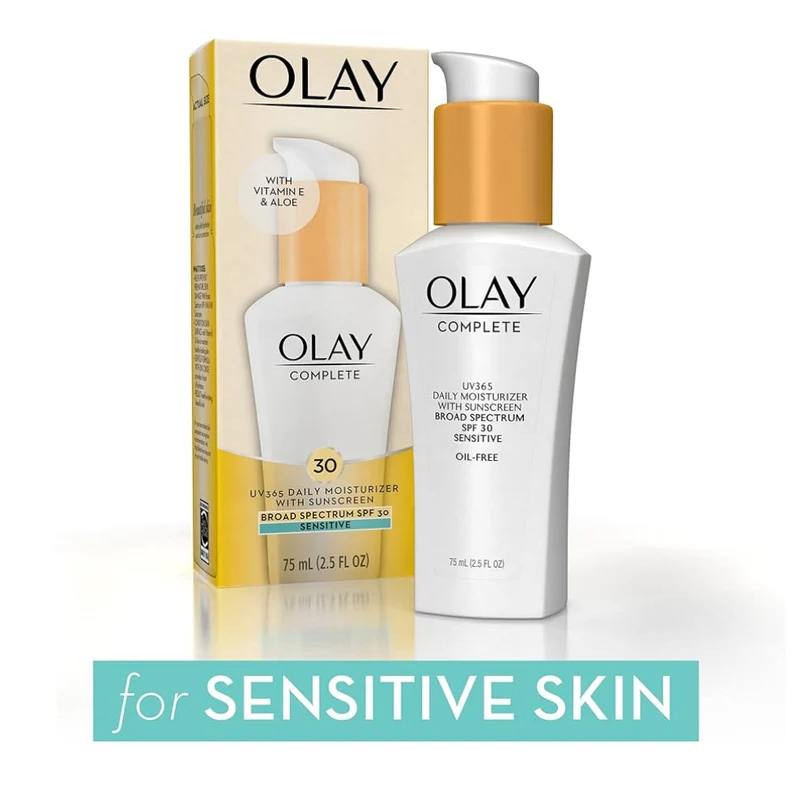 Olay Face Moisturizer, Complete with Sunscreen SPF 30 Sensitive Skin Non-Comedogenic - Vitamin E & Aloe - (2.5 Oz - 2 Pack)