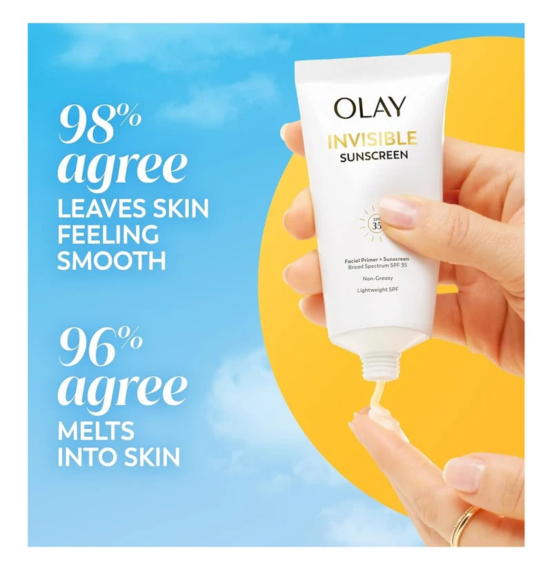 Olay Invisible Sunscreen, SPF 35, 100% Invisible Facial Sunscreen and Makeup Primer - Fragrance-Free w/ Vitamin C & E, Aloe Vera (1.7 Oz)