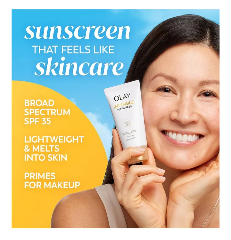 Olay Invisible Sunscreen, SPF 35, 100% Invisible Facial Sunscreen and Makeup Primer - Fragrance-Free w/ Vitamin C & E, Aloe Vera (1.7 Oz)