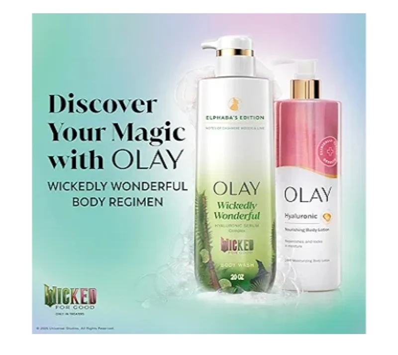 Olay Body Wash Wickedly Wonderful Elphaba’s Edition, Intensely Hydrating Pro-Hyaluronic Acid Serum w/ Vitamin B3 - Cashmere Woods & Lime Scent (2 ct)