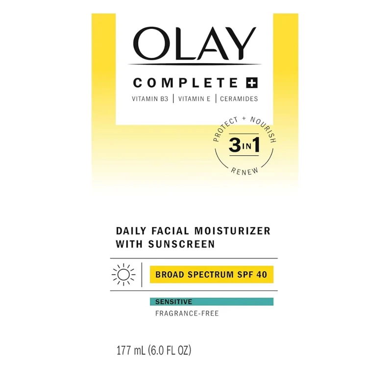 Olay Complete+ Face Moisturizer with Sunscreen SPF 40, For Sensitive Skin, Broad Spectrum Nourishes Moisture Barrier - Ceramides 6 Oz