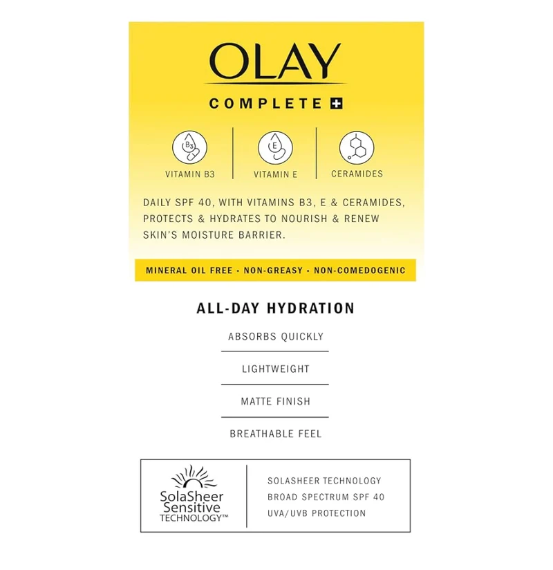 Olay Complete+ Face Moisturizer with Sunscreen SPF 40, For Sensitive Skin, Broad Spectrum Nourishes Moisture Barrier - Ceramides 6 Oz