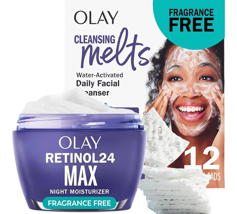 Olay Retinol Face Moisturizer, 24 MAX Anti-Aging Night Cream Anti-Wrinkle Skin Care (1.7 oz) & Trial Size Retinol Cleansing Melts (12 ct)
