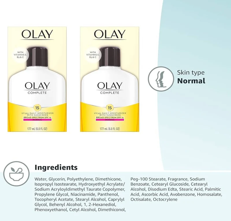 Olay Face Moisturizer, Complete with Sunscreen SPF 15, Daily Facial Sun Protection - Vitamin C, E, and Niacinamide - 6 Oz (2 Pack)