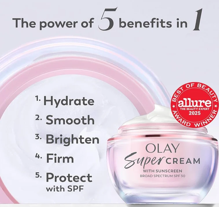 Olay Super Cream with Sunscreen SPF 30, Lightweight Face Moisturizer (1.7 oz) & Trial Size Vitamin C Cleansing Melts, Water-Activated Face Wash (12 ct)