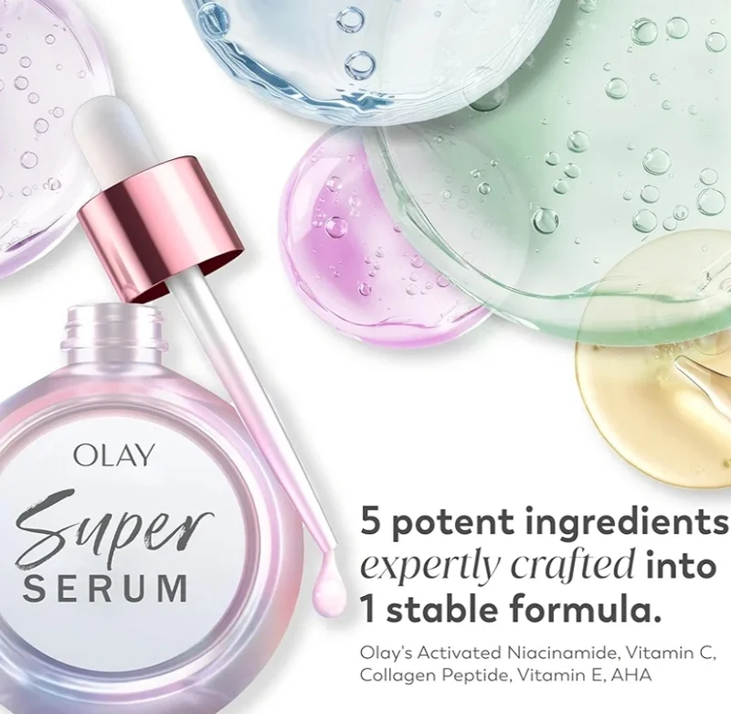 Olay Super Serum - Niacinamide, Vitamin C & E, Collagen Peptide, AHA - 5-in-1 Skin Care Brightening Anti-Aging (1.0 Oz)