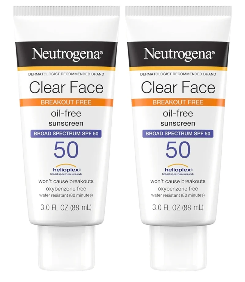 Neutrogena Clear Face Sunscreen Lotion for Acne-Prone Skin SPF 50 Fragrance & Oxybenzone-Free Water Resistant Twin Pack (3 fl. oz)