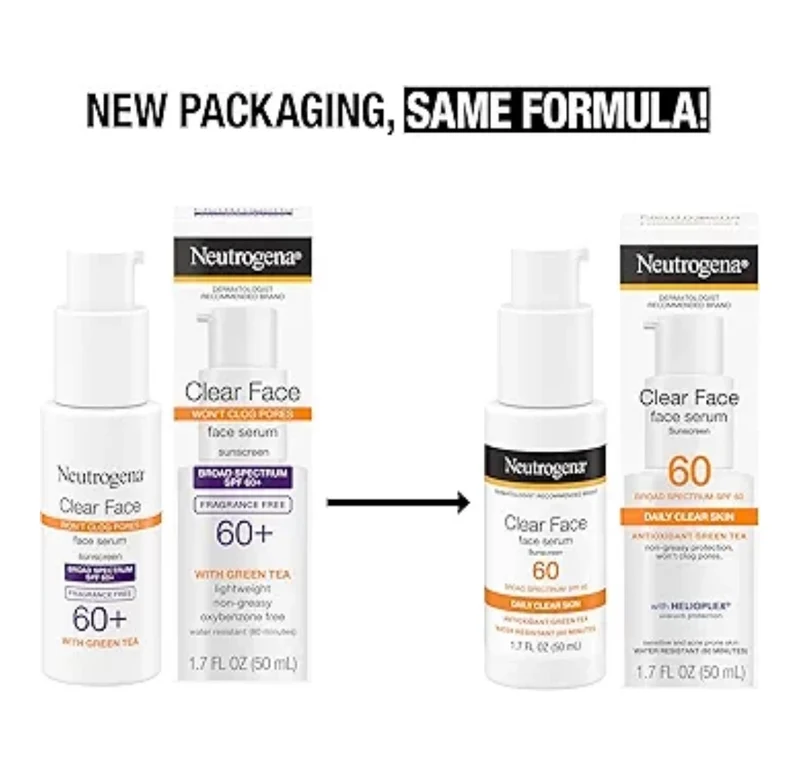 Neutrogena Clear Face Serum Sunscreen w/ Green Tea SPF 60 Non-Comedogenic Lightweight UVA/UVB Protection & Fragrance-Free- 1.7 fl. oz