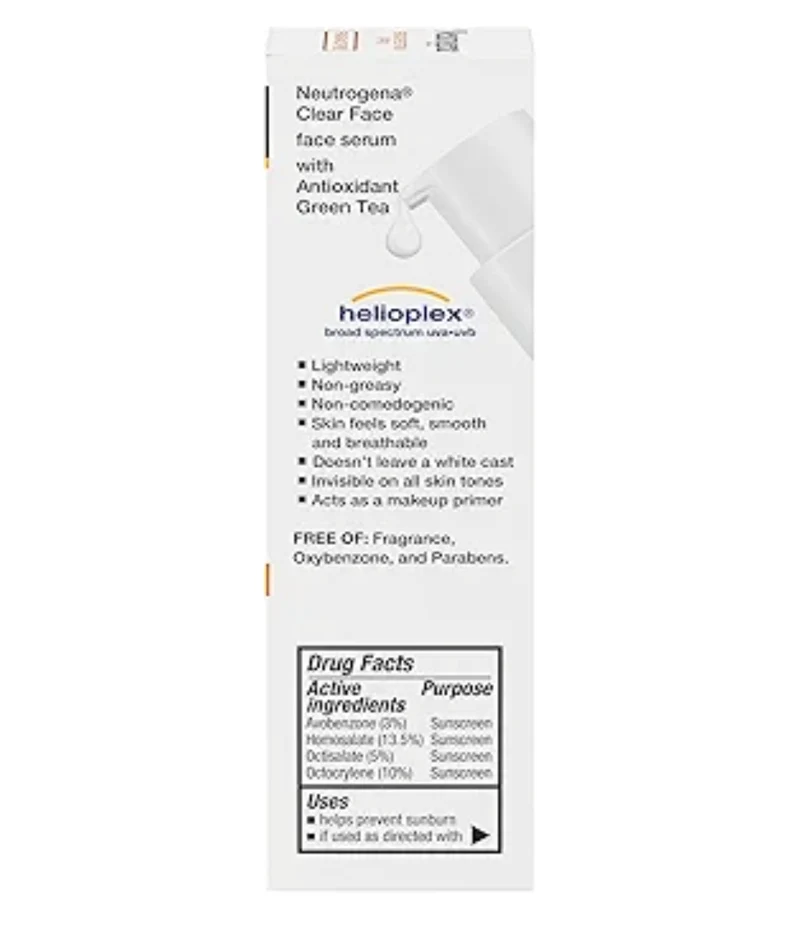 Neutrogena Clear Face Serum Sunscreen w/ Green Tea SPF 60 Non-Comedogenic Lightweight UVA/UVB Protection & Fragrance-Free- 1.7 fl. oz