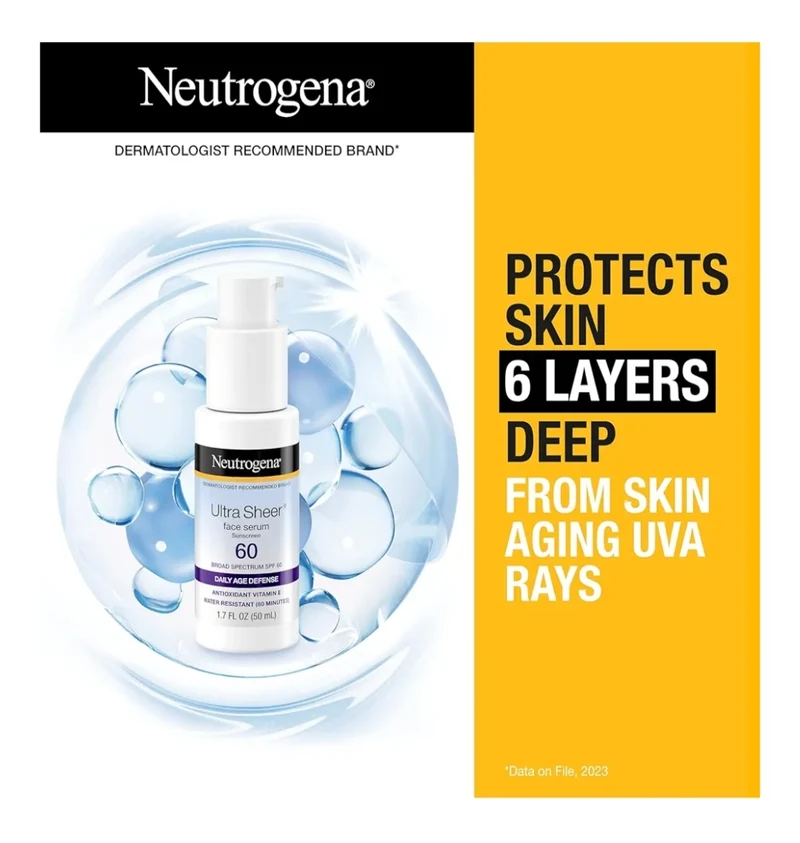 Neutrogena Ultra Sheer Face Sunscreen w/ Vitamin E & SPF 60 UVA/UVB Protection, Fragrance-Free, Oxybenzone-Free- 1.7 Fl Oz
