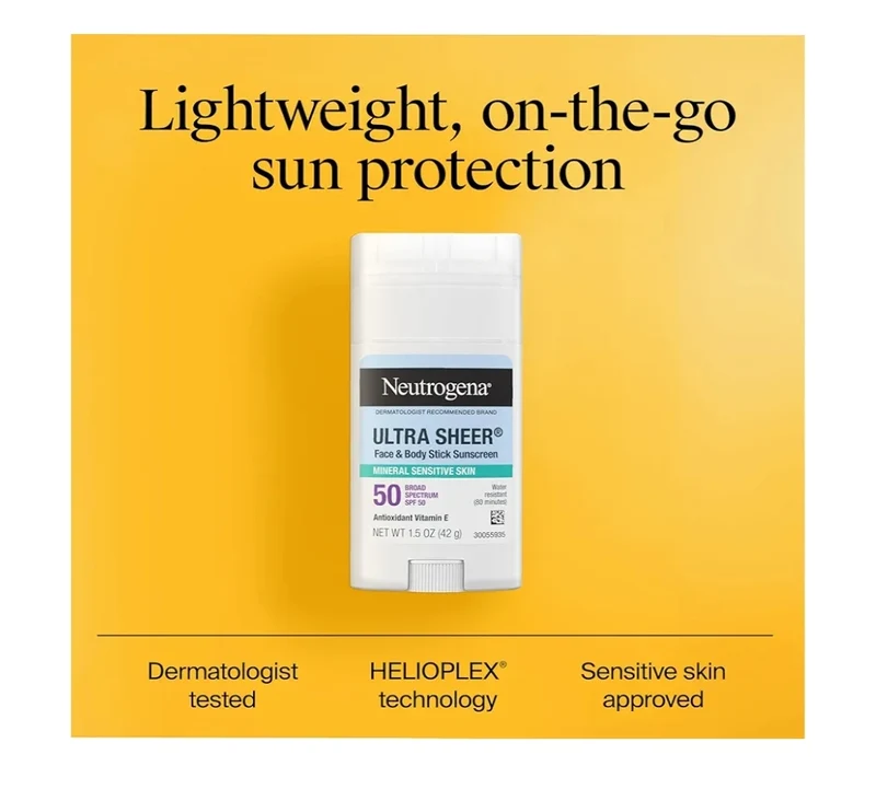 Neutrogena Ultra Sheer Dry Touch SPF 50 Mineral Sunscreen Stick for Sensitive Skin No White Residue & Vegan - 1.5 oz