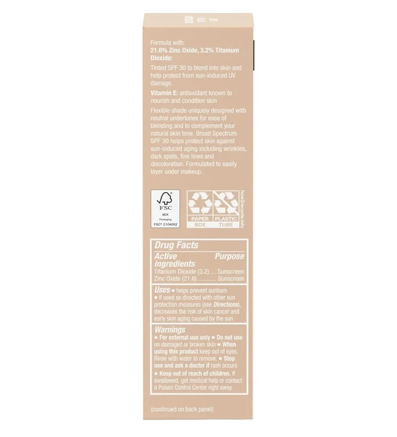 Neutrogena Purescreen+ Tinted Sunscreen for Face with SPF 30 w/ Zinc Oxide and Vitamin E, Water Resistant Light- (1.1 fl oz)